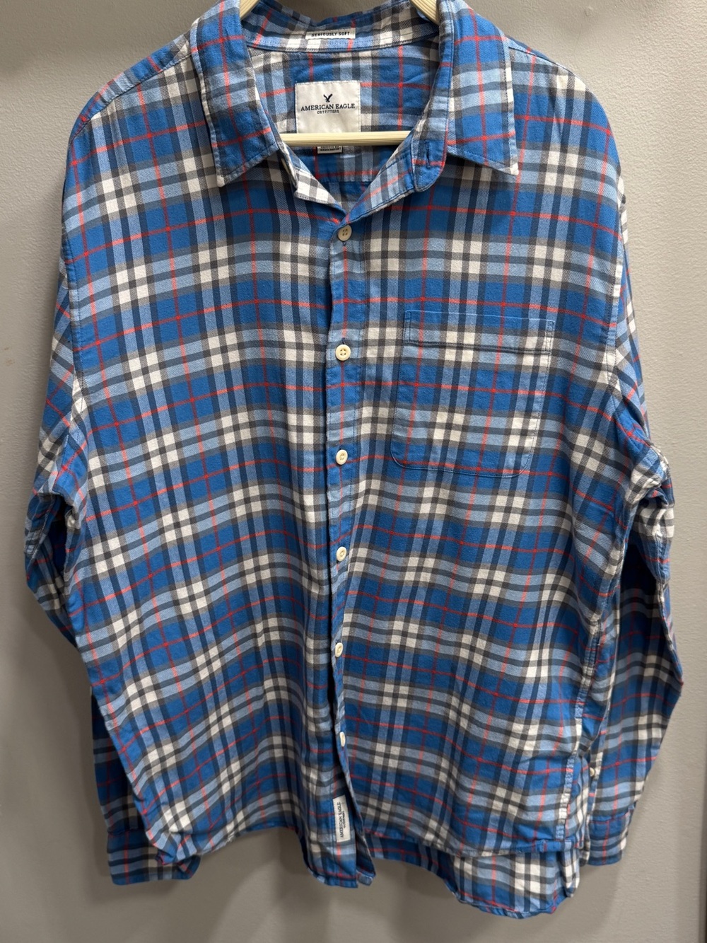 Men’s American Eagle Outfitters Blue and Gray Plaid Button-Down Shirt